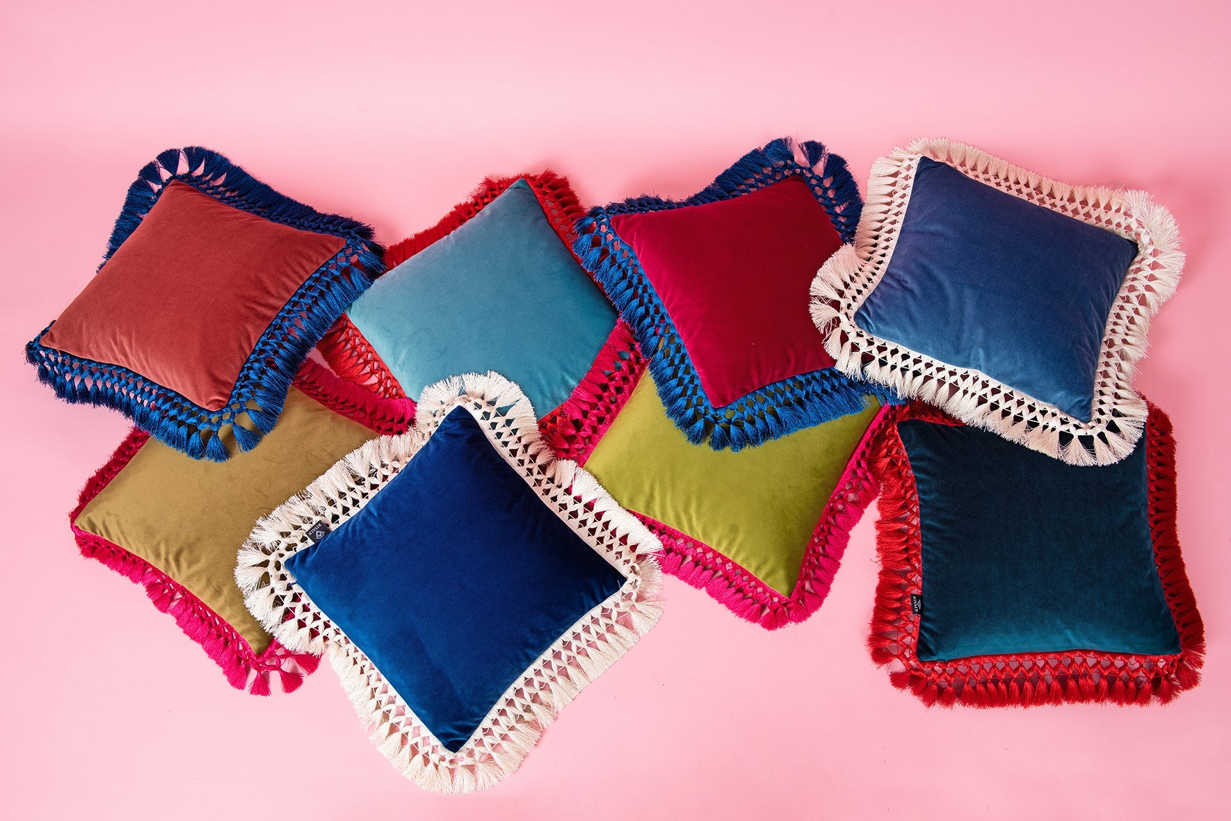 Bivain colourful velvet scatter cushions with fringes