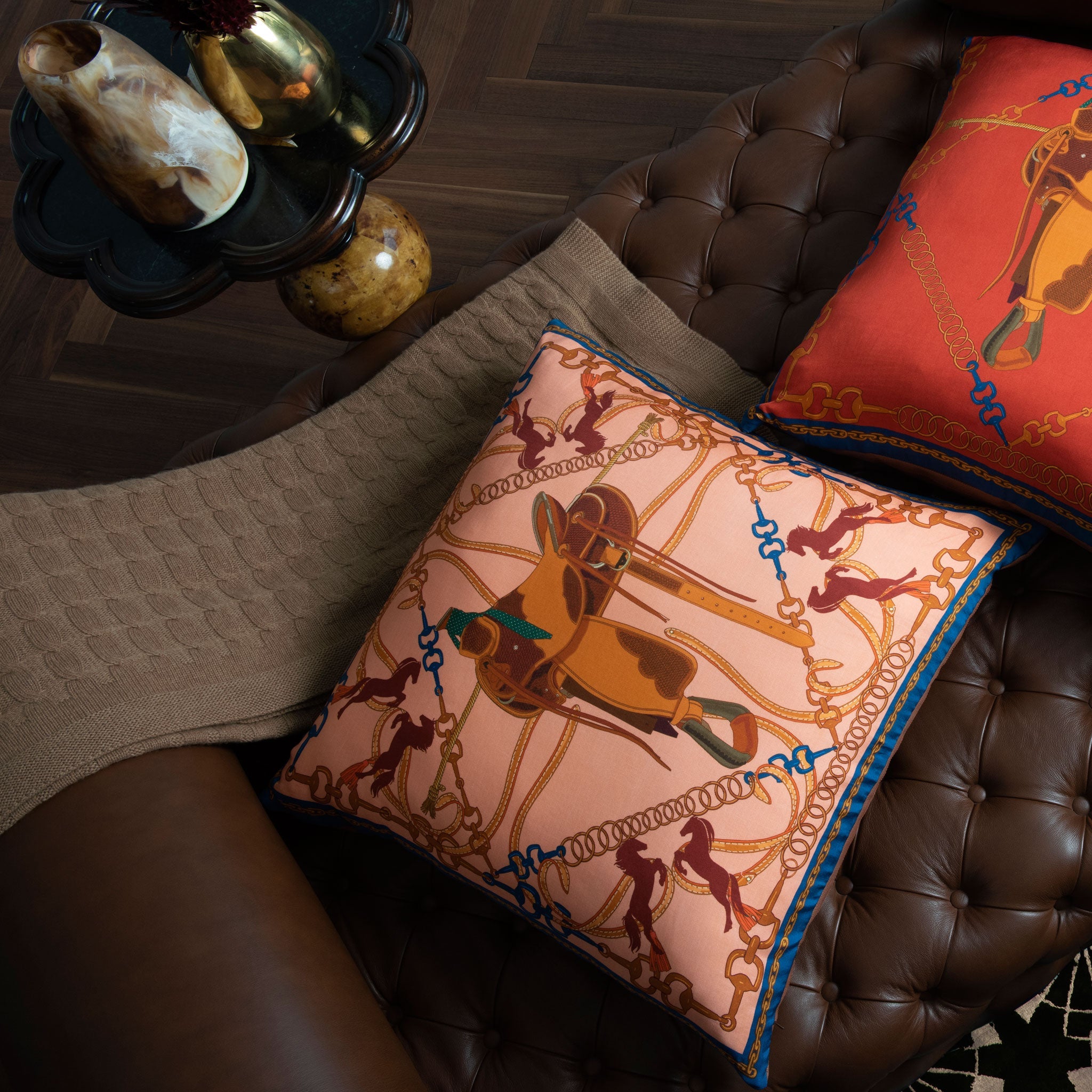 Bivain equestrian silk and leather cushion