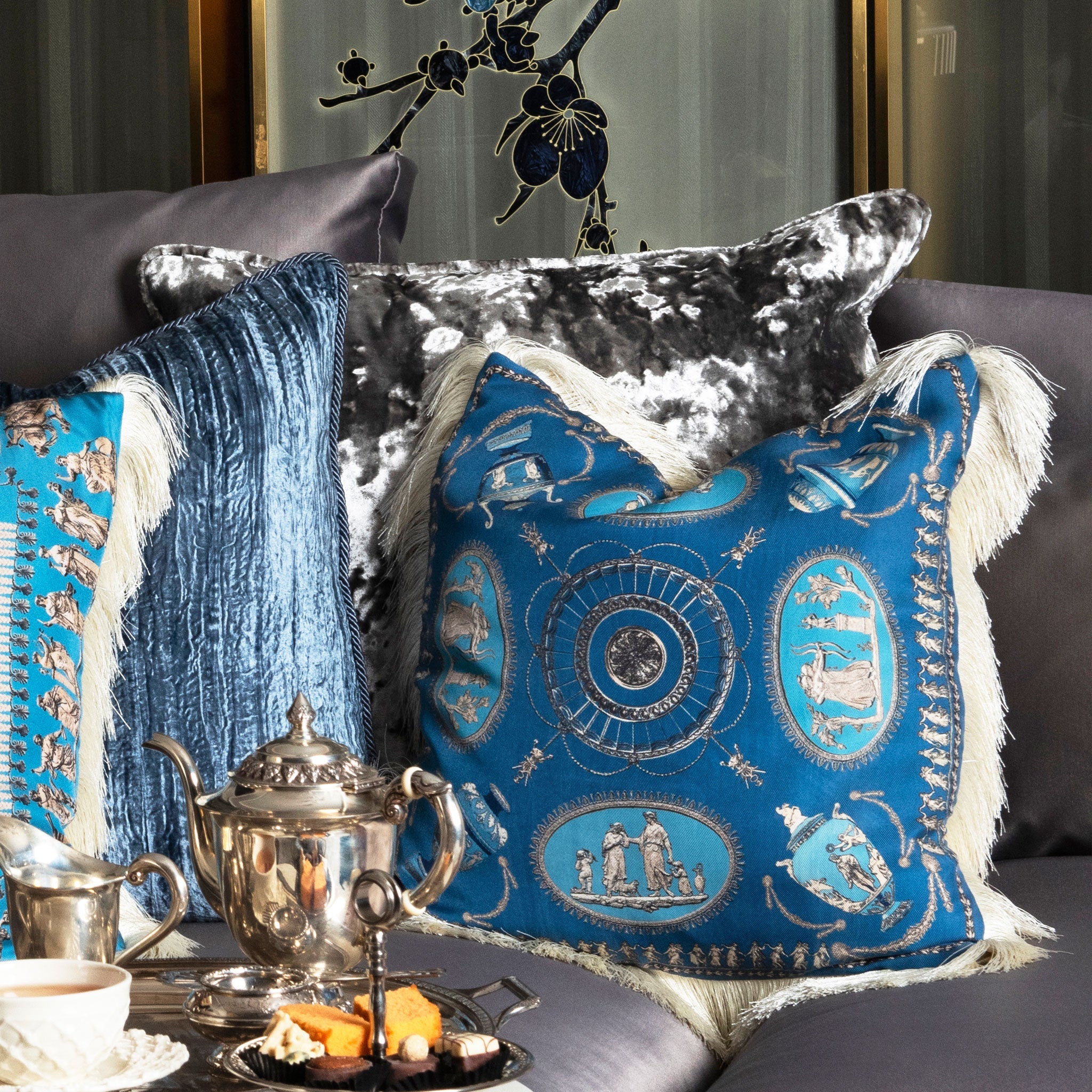 Bivain blue and white silk cushion